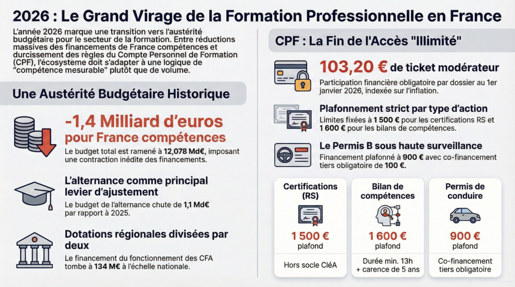 Infographie CPF 2026 langues : plafonds, ticket modérateur et changements pour les formations